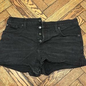 Black denim high waisted short button front shorts